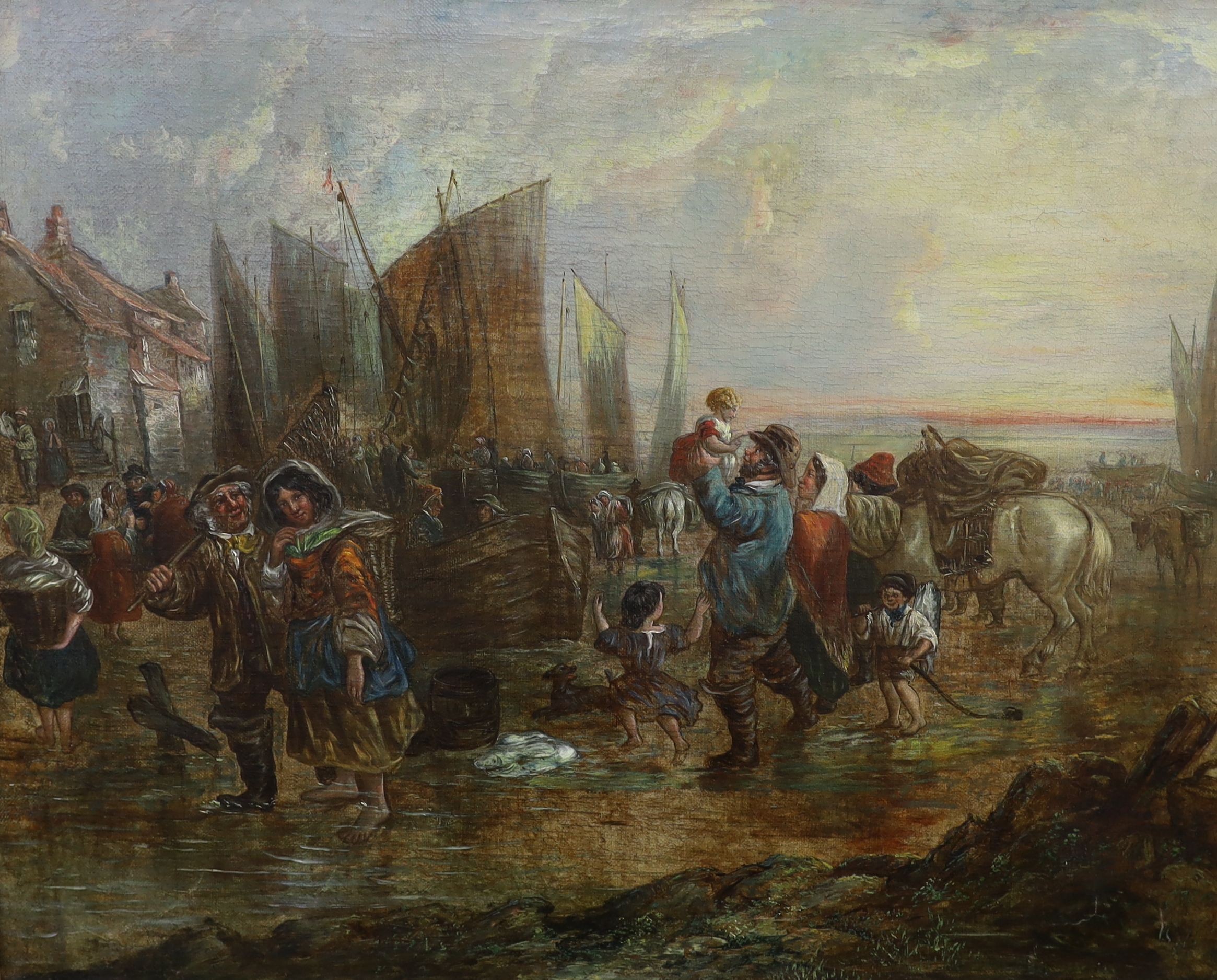English School c.1900, oil on canvas, Fisherfolk at low tide, 60 x 75cm